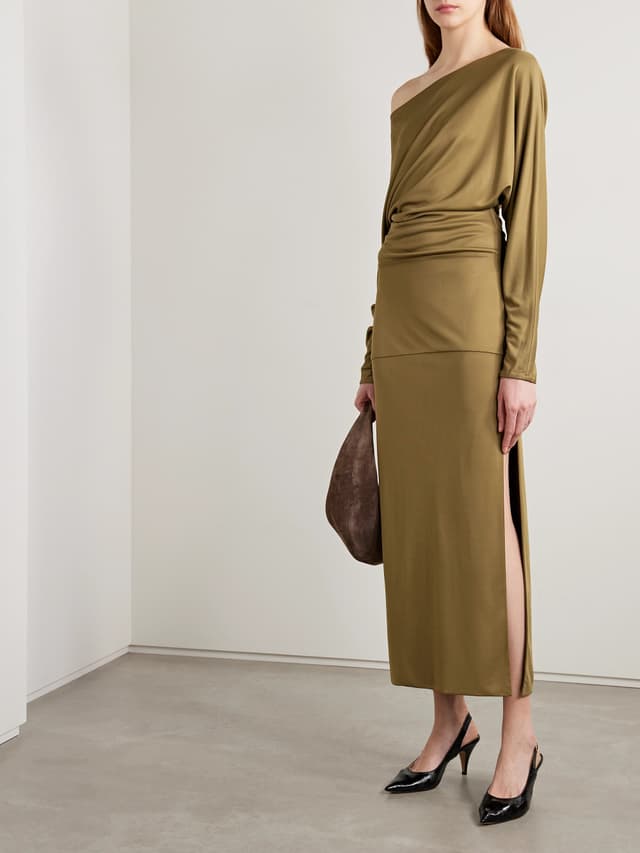 "Long sleeve elegant and modern wedding guest dress on sale on The Outnet or Net-a-Porter"